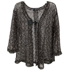 Kaktus Lagenlook BOHO Artsy Cardigan Womens XL Black Crochet Sheer 3/4 Sleeve